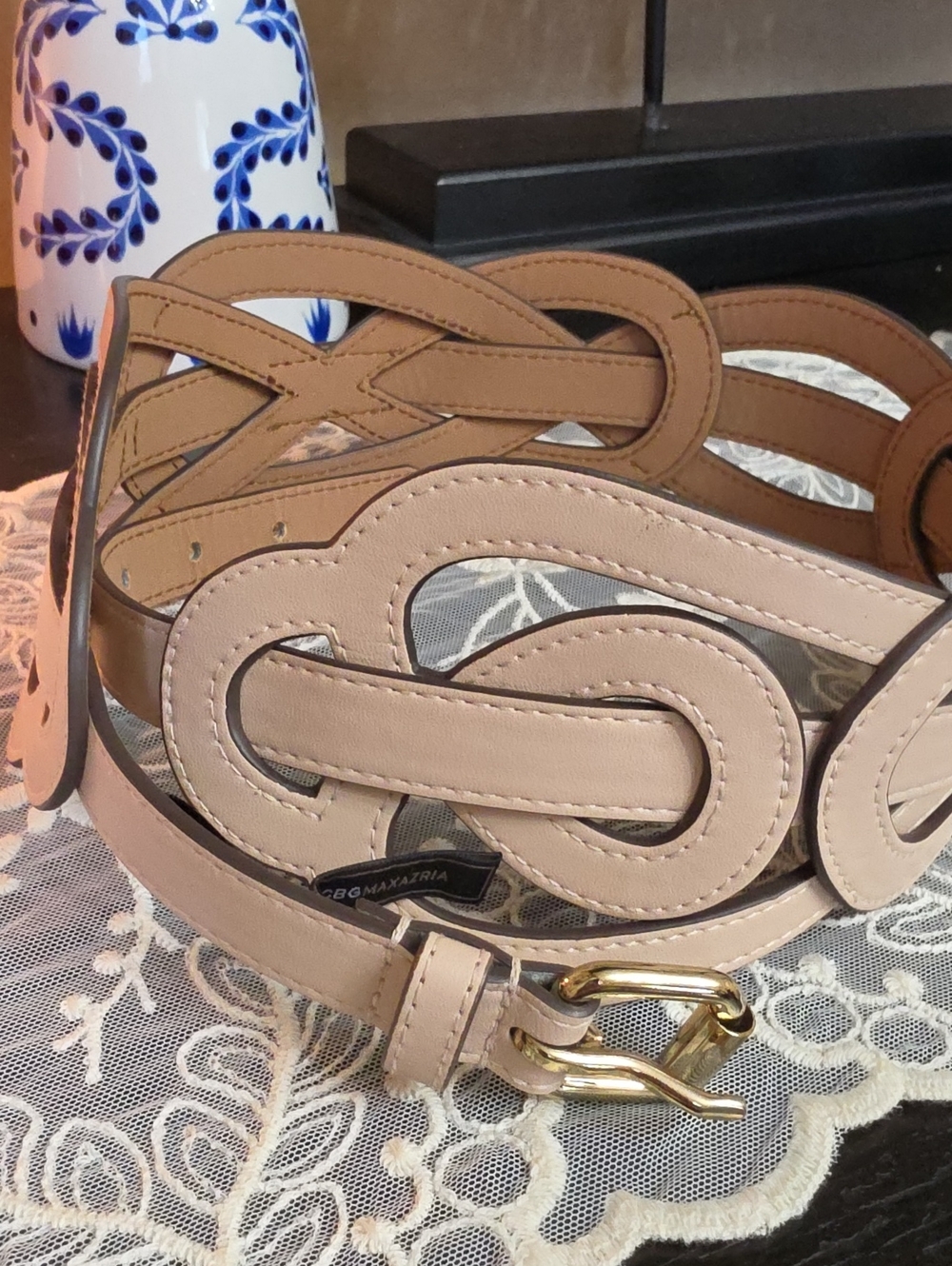 Neutral Beige Faux Leather Waist Belt with Gold Buckle 34 Inches